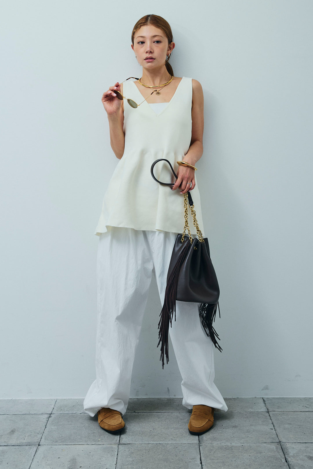 [予約/SET]2wayぺプラムニットトップス+裾ドロストナイロンパンツ(2set)