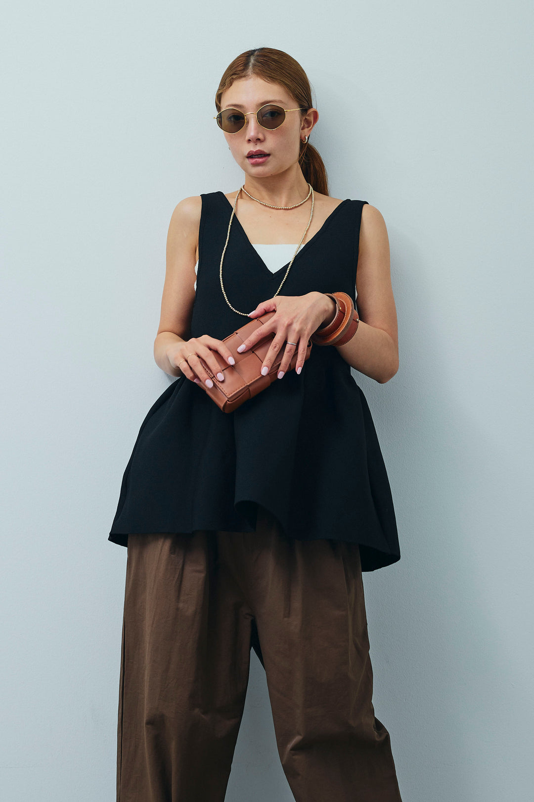 [予約/SET]2wayぺプラムニットトップス+裾ドロストナイロンパンツ(2set)