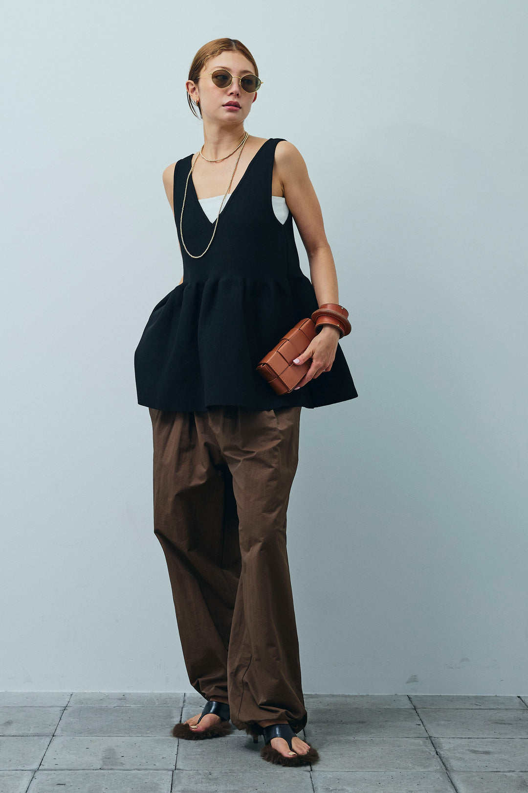 [予約/SET]2wayぺプラムニットトップス+裾ドロストナイロンパンツ(2set)