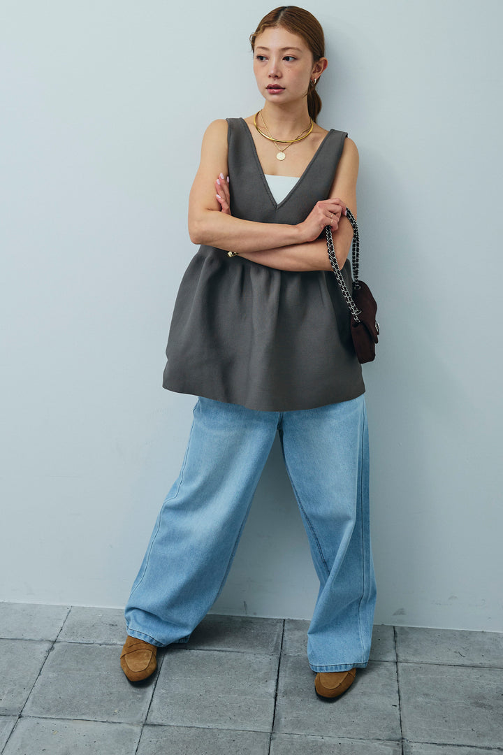 [予約/SET]2wayぺプラムニットトップス+デニムルーズポケットパンツ(2set)