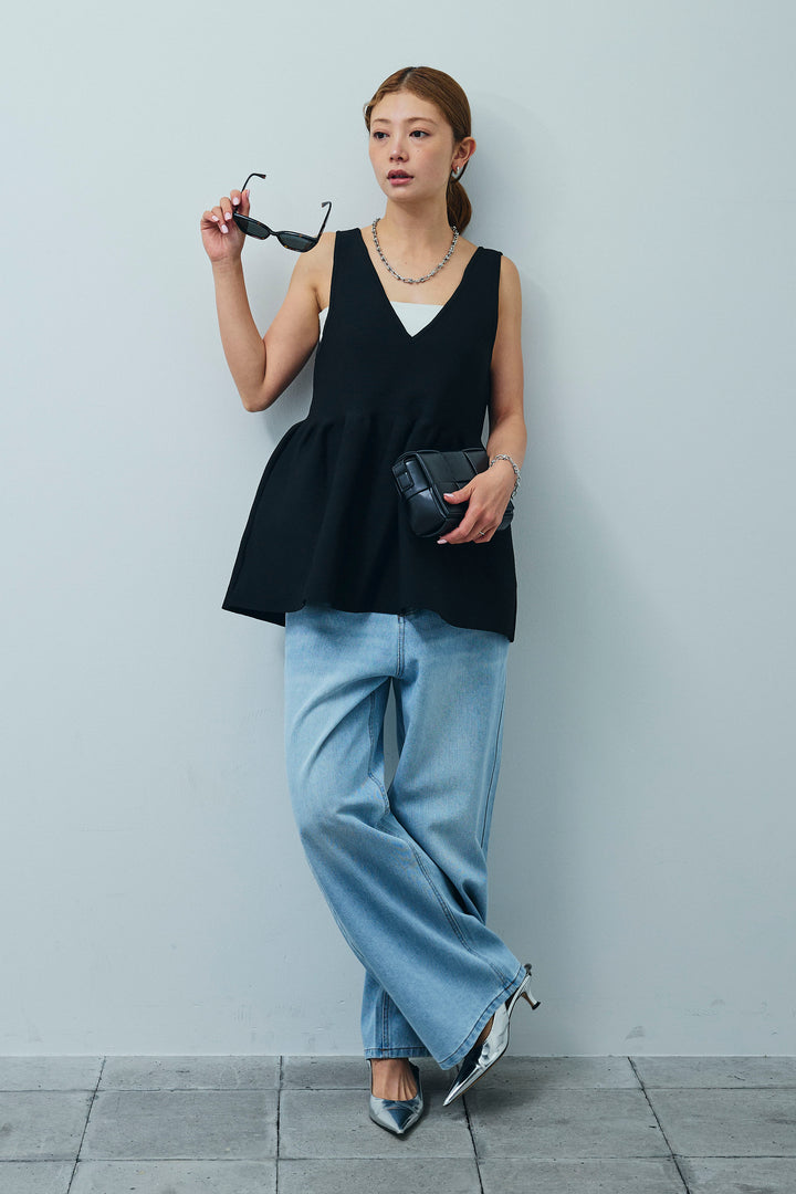 [予約/SET]2wayぺプラムニットトップス+デニムルーズポケットパンツ(2set)