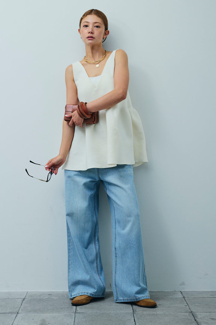 [予約/SET]2wayぺプラムニットトップス+デニムルーズポケットパンツ(2set)