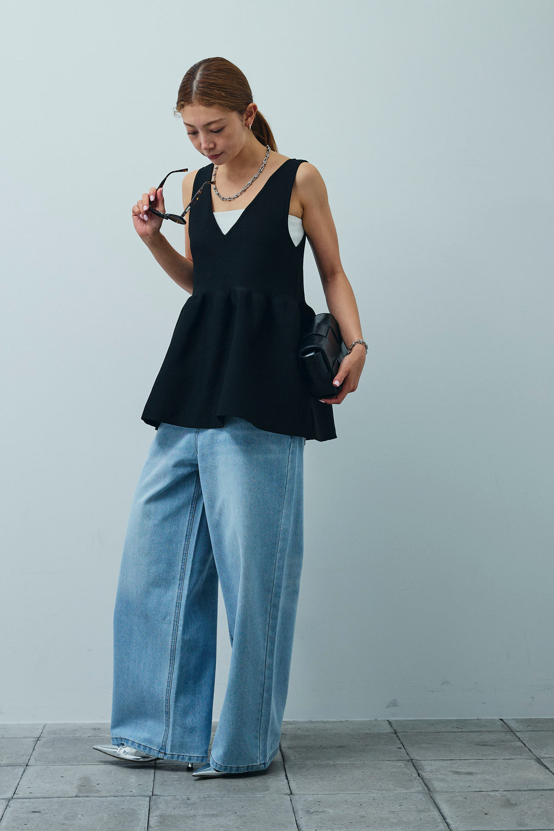 [予約/SET]2wayぺプラムニットトップス+デニムルーズポケットパンツ(2set)