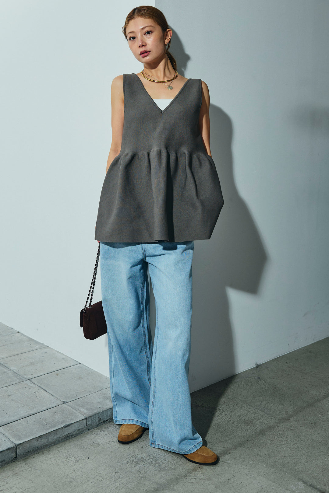 [予約/SET]2wayぺプラムニットトップス+デニムルーズポケットパンツ(2set)