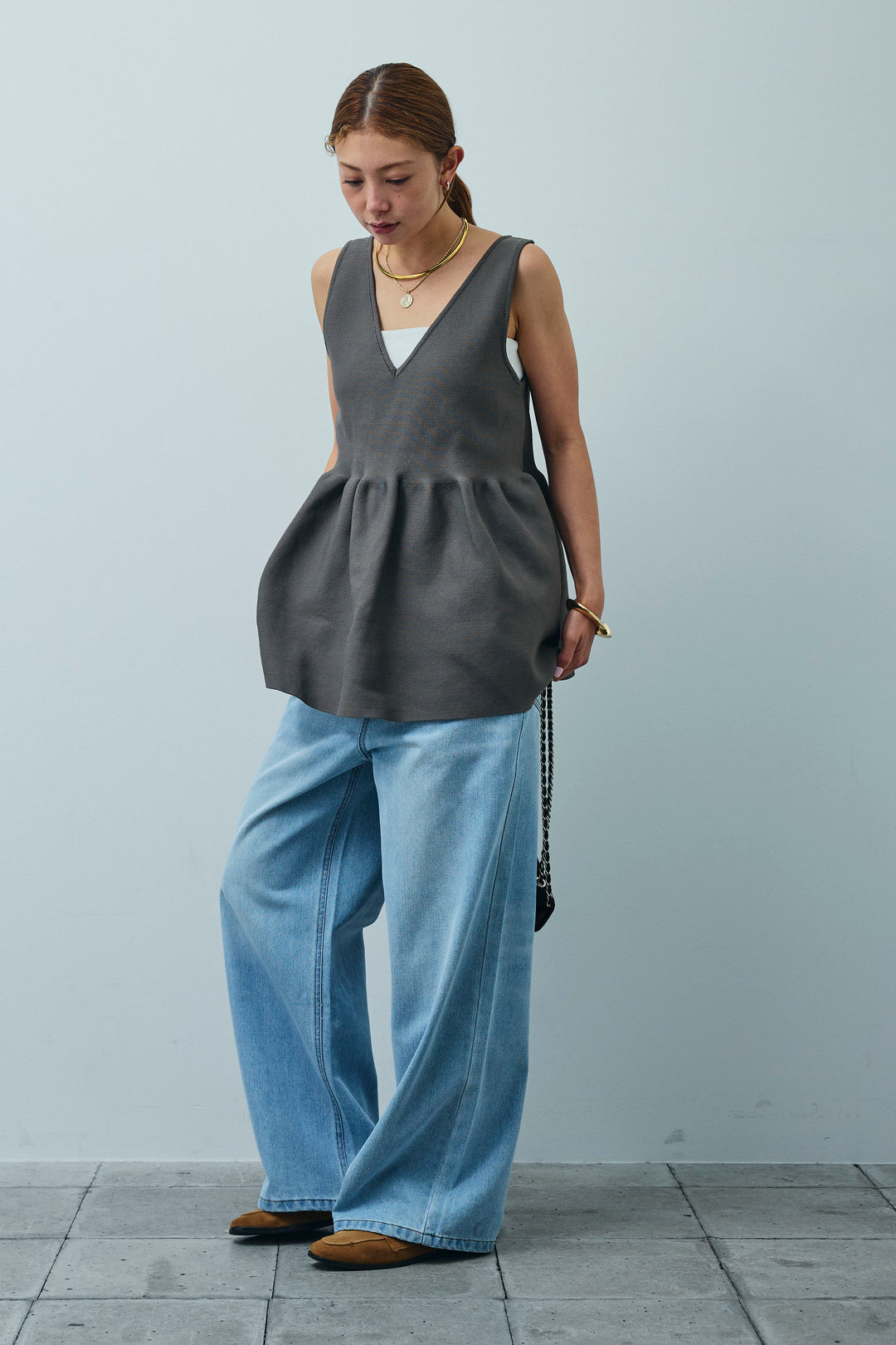 [予約/SET]2wayぺプラムニットトップス+デニムルーズポケットパンツ(2set)