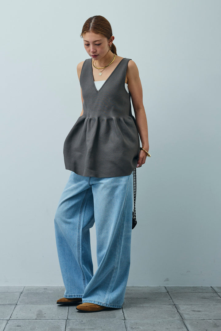 [予約/SET]2wayぺプラムニットトップス+デニムルーズポケットパンツ(2set)