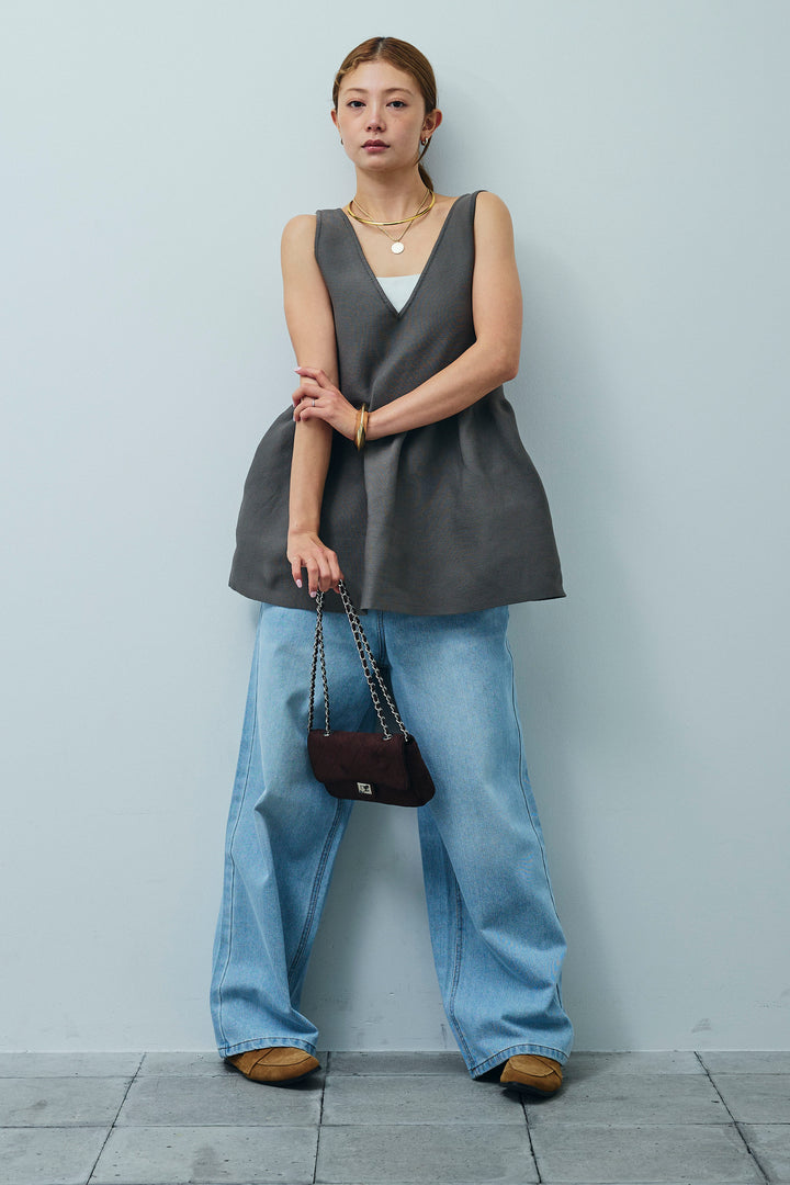 [予約/SET]2wayぺプラムニットトップス+デニムルーズポケットパンツ(2set)