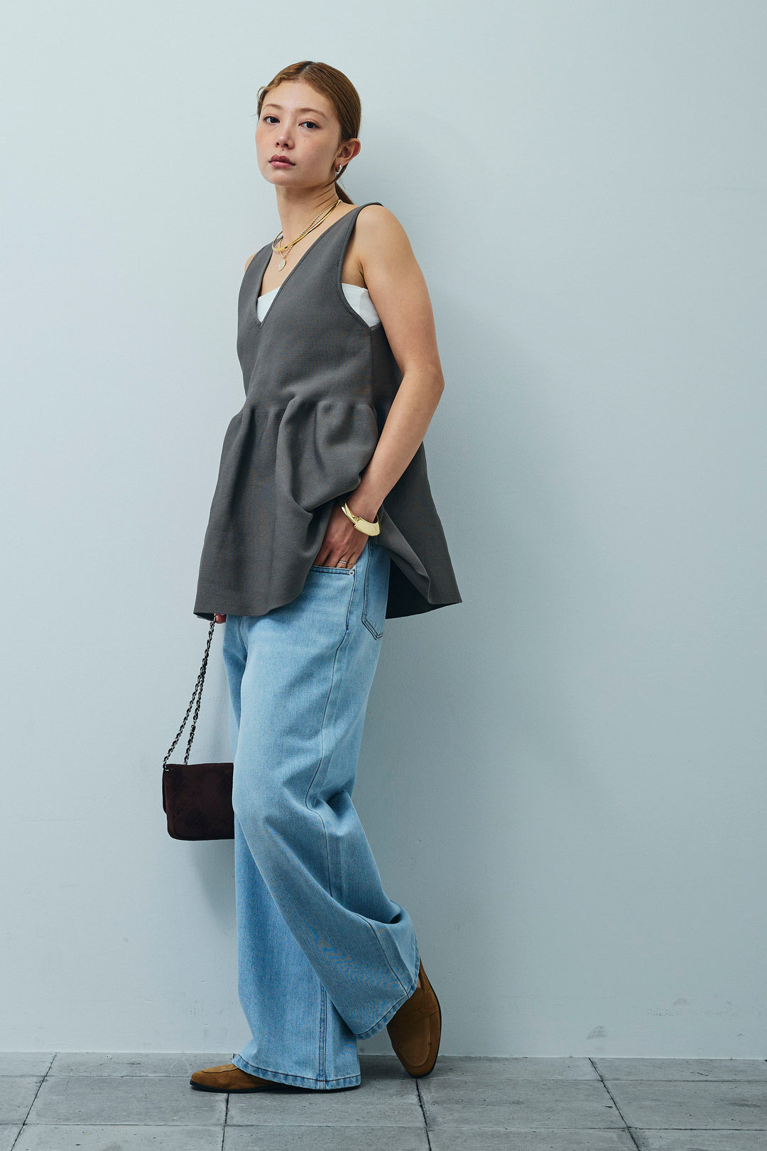 [予約/SET]2wayぺプラムニットトップス+デニムルーズポケットパンツ(2set)