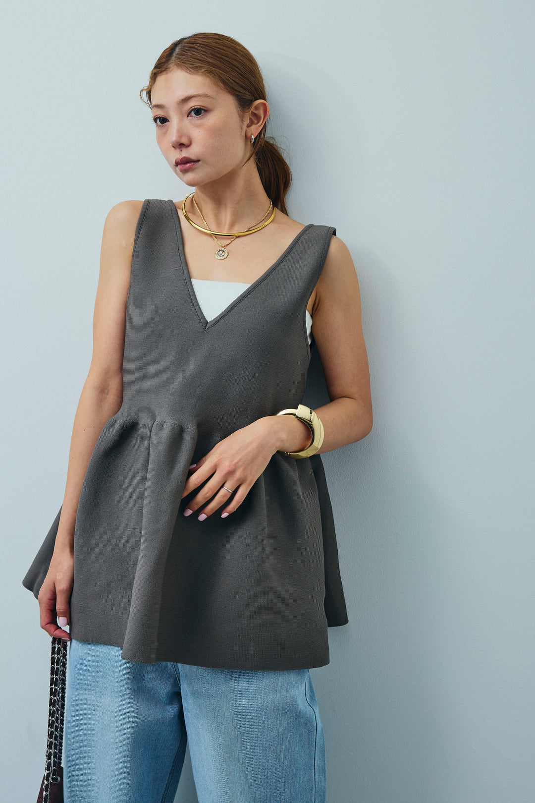 [予約/SET]2wayぺプラムニットトップス+デニムルーズポケットパンツ(2set)