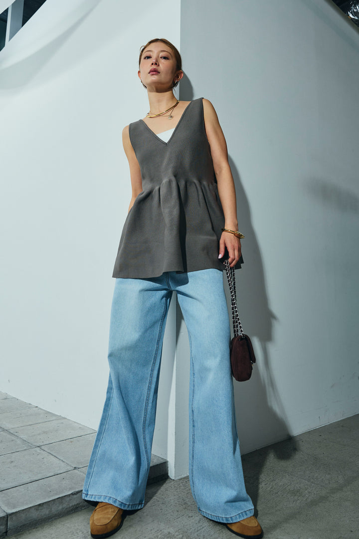 [予約/SET]2wayぺプラムニットトップス+デニムルーズポケットパンツ(2set)