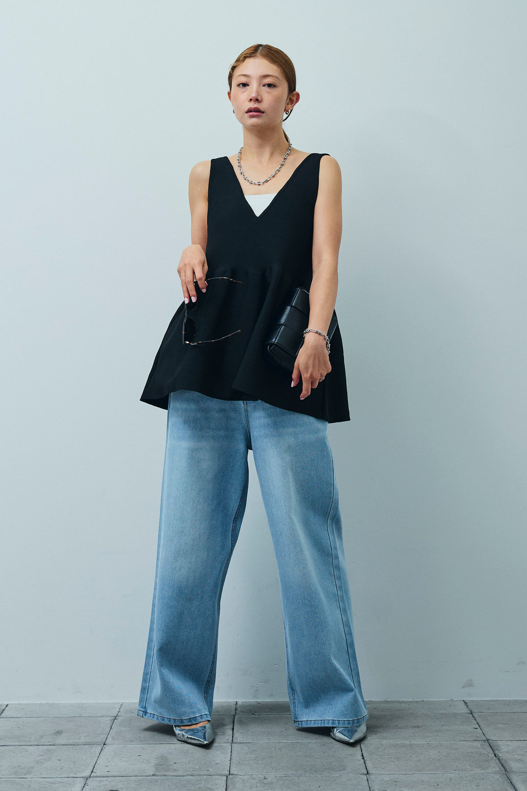 [予約/SET]2wayぺプラムニットトップス+デニムルーズポケットパンツ(2set)