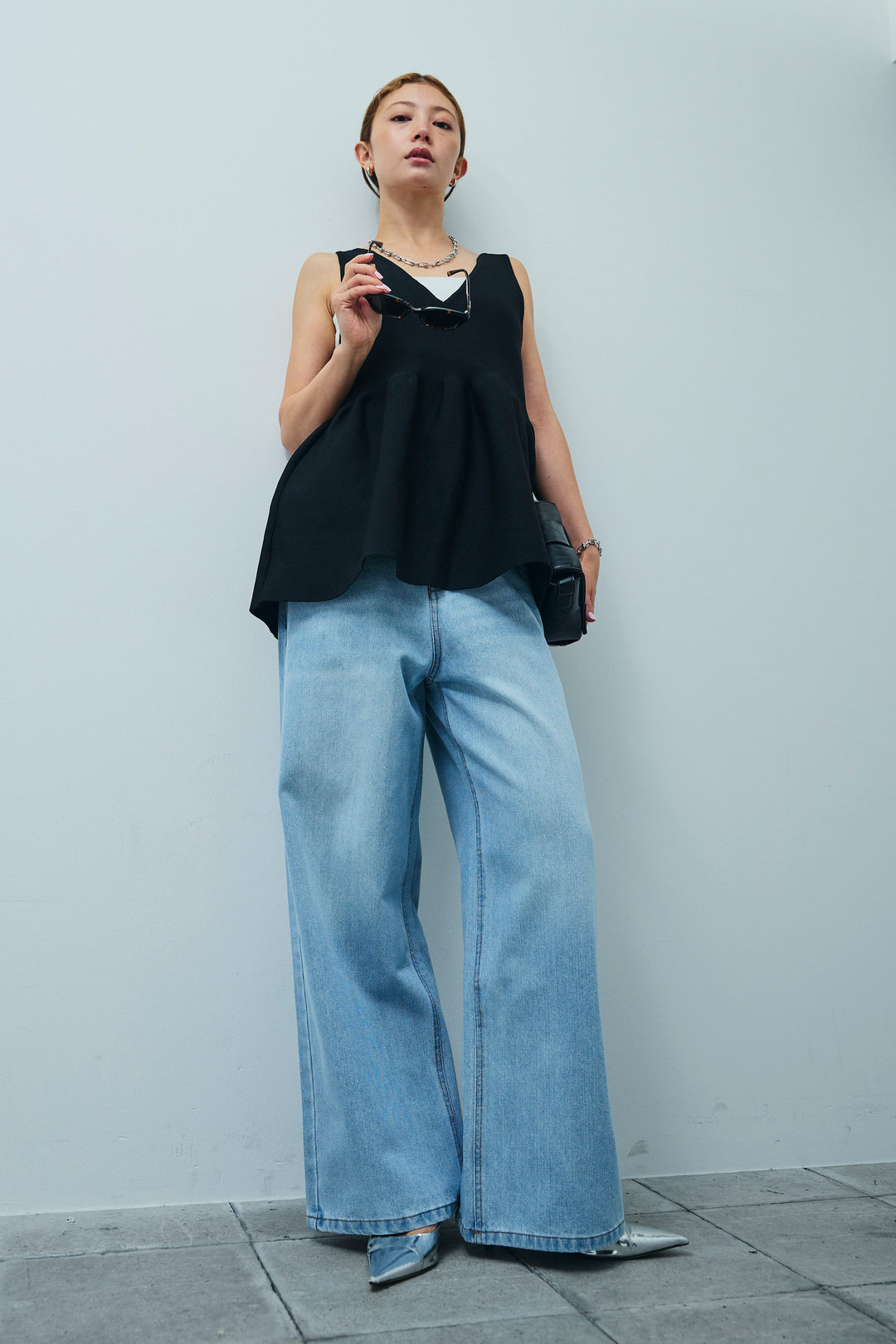 [予約/SET]2wayぺプラムニットトップス+デニムルーズポケットパンツ(2set)