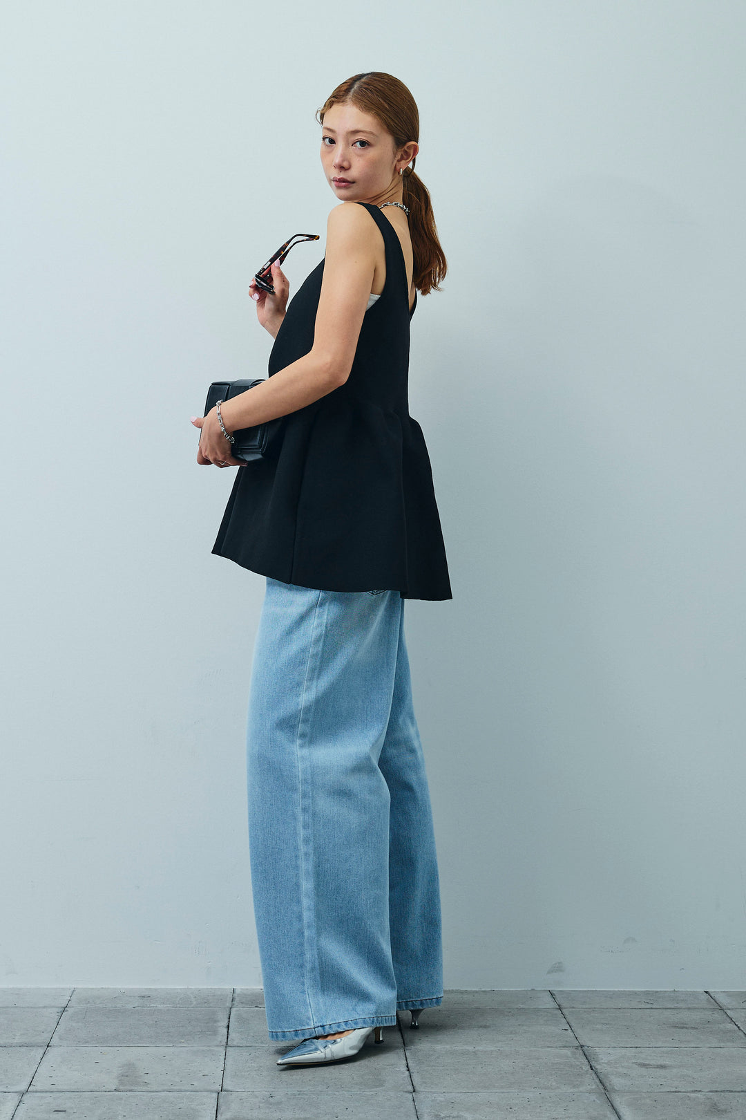 [予約/SET]2wayぺプラムニットトップス+デニムルーズポケットパンツ(2set)