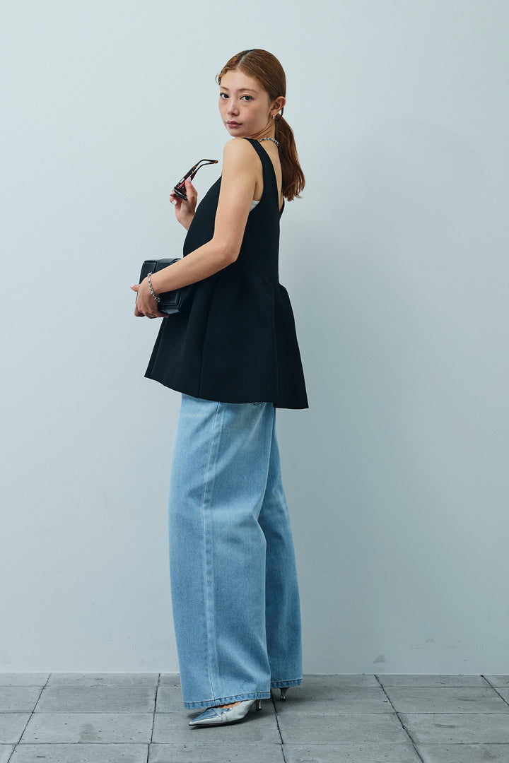 [予約/SET]2wayぺプラムニットトップス+デニムルーズポケットパンツ(2set)