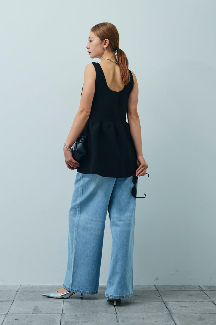 [予約/SET]2wayぺプラムニットトップス+デニムルーズポケットパンツ(2set)