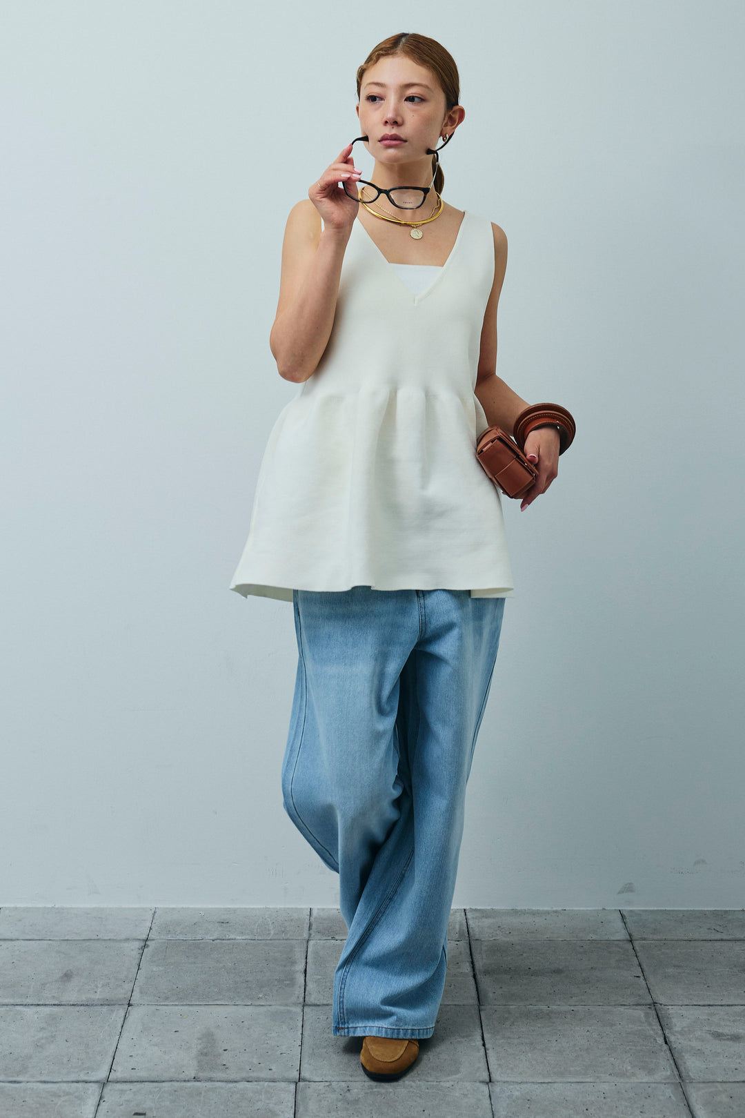 [予約/SET]2wayぺプラムニットトップス+デニムルーズポケットパンツ(2set)