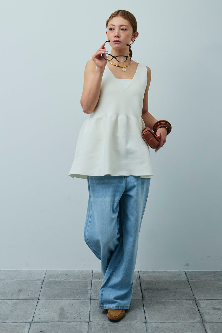 [予約/SET]2wayぺプラムニットトップス+デニムルーズポケットパンツ(2set)