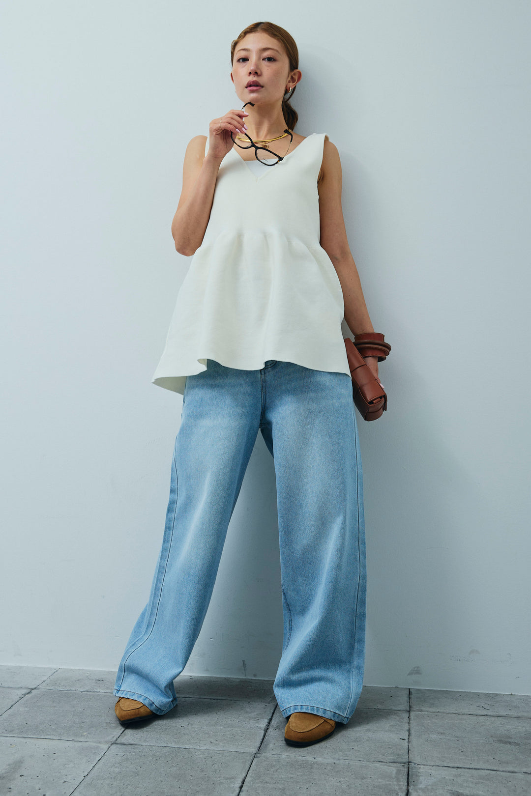 [予約/SET]2wayぺプラムニットトップス+デニムルーズポケットパンツ(2set)