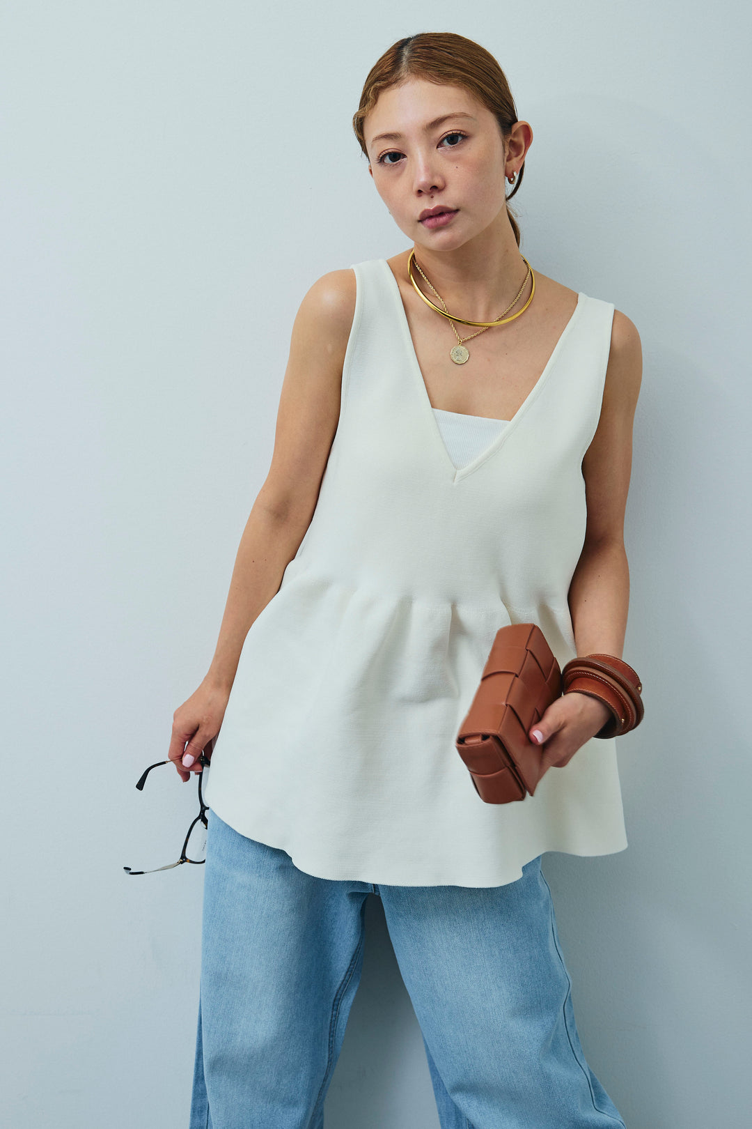 [予約/SET]2wayぺプラムニットトップス+デニムルーズポケットパンツ(2set)