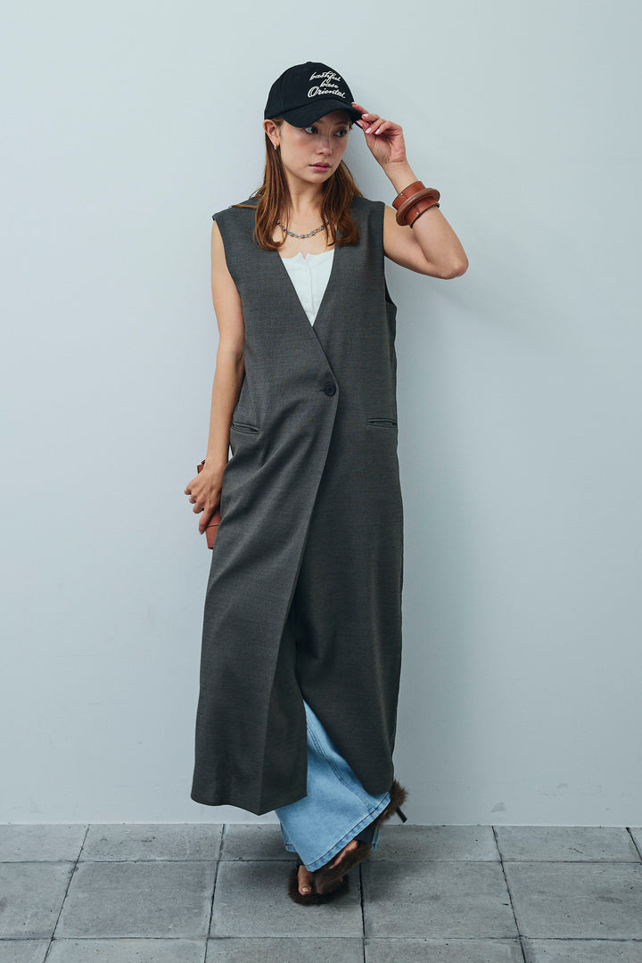 [予約/SET]リネンタッチVネックロングOP+デニムルーズポケットパンツ(2set)