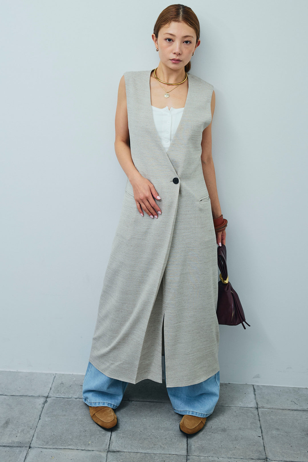 [予約/SET]リネンタッチVネックロングOP+デニムルーズポケットパンツ(2set)