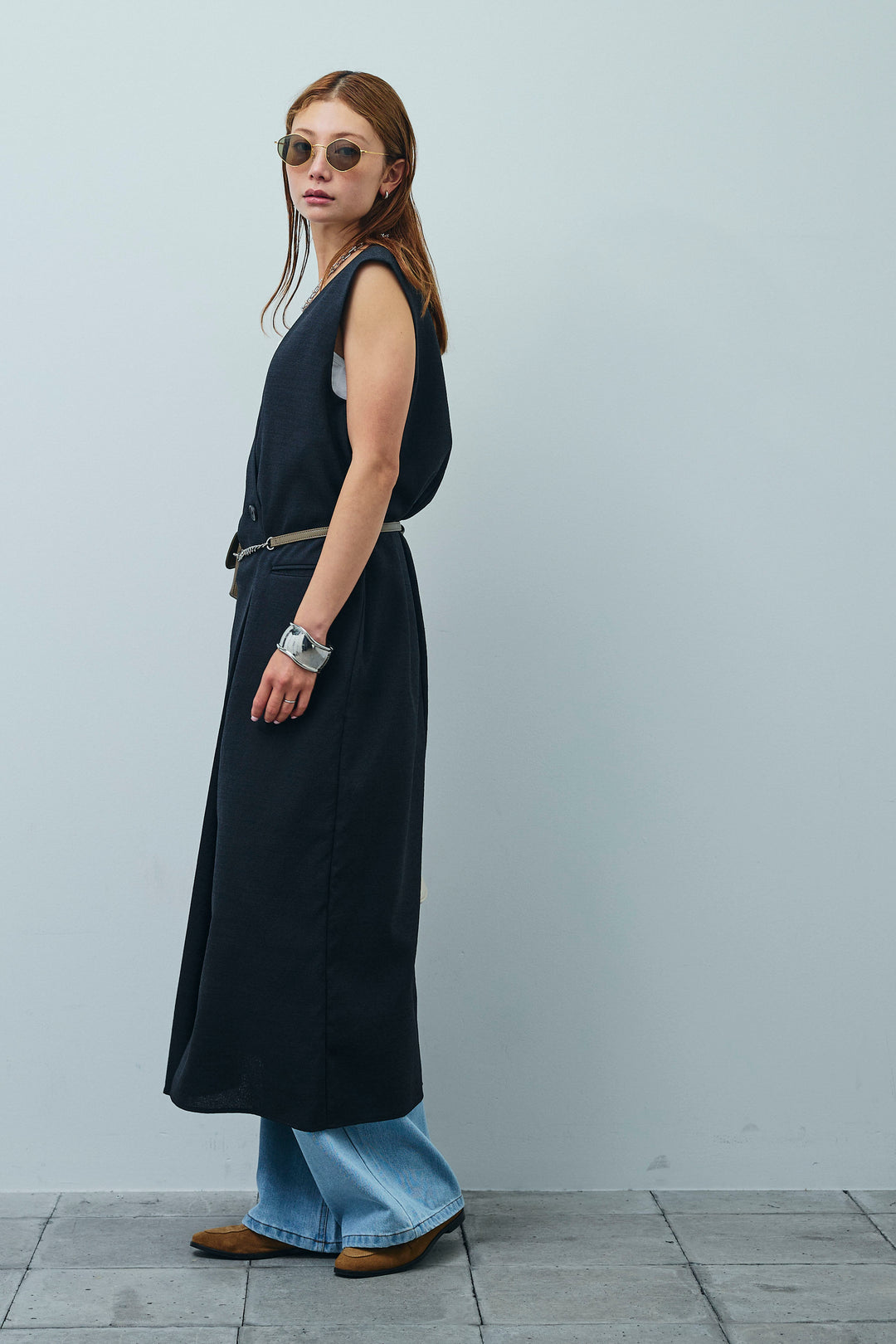 [予約/SET]リネンタッチVネックロングOP+デニムルーズポケットパンツ(2set)