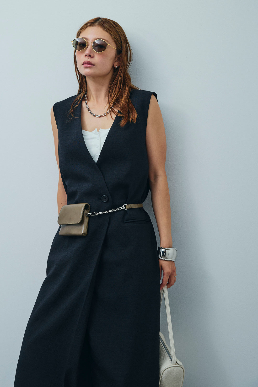 [予約/SET]リネンタッチVネックロングOP+デニムルーズポケットパンツ(2set)