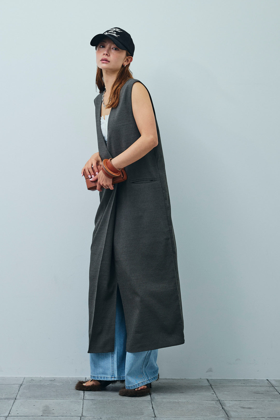 [予約/SET]リネンタッチVネックロングOP+デニムルーズポケットパンツ(2set)