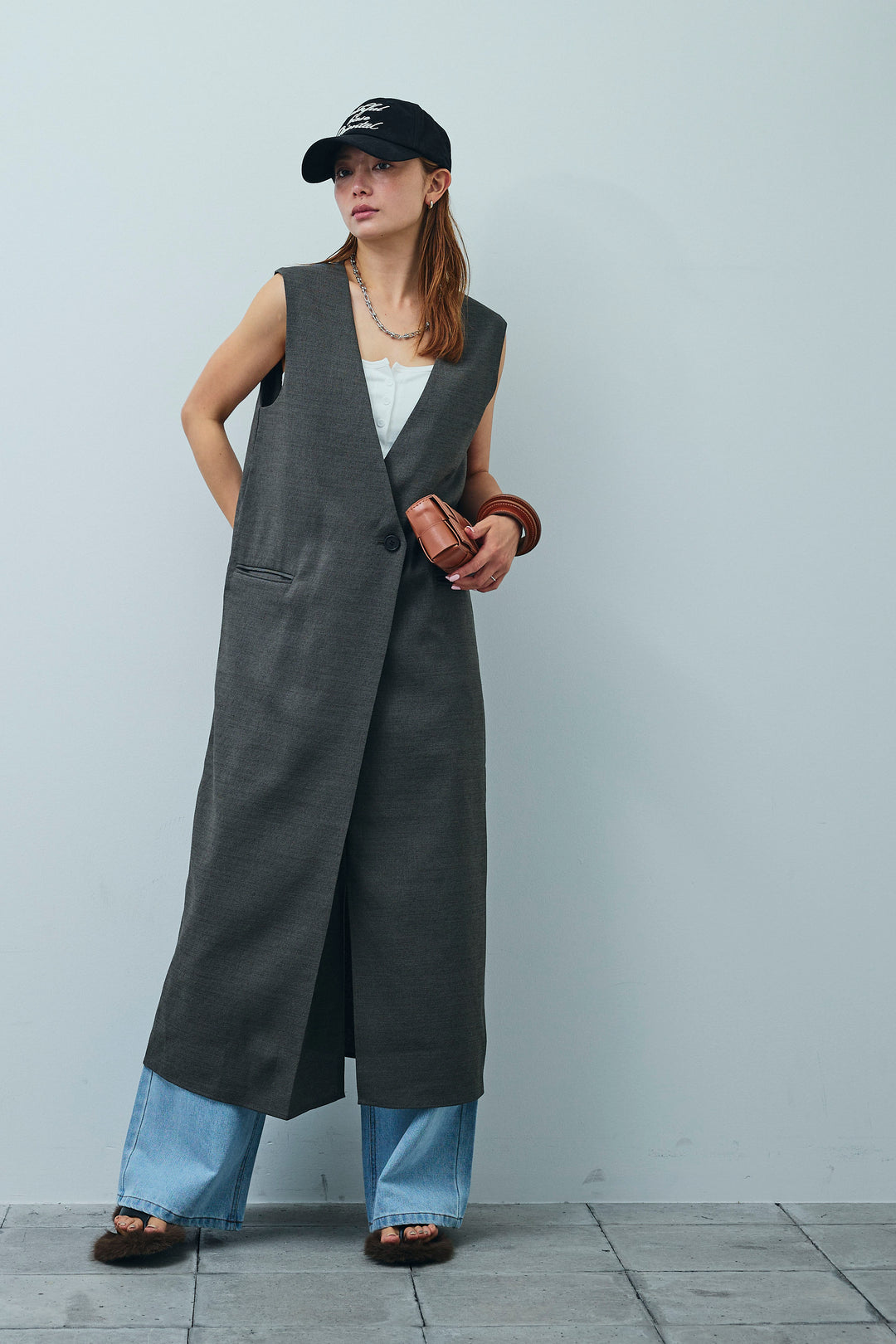 [予約/SET]リネンタッチVネックロングOP+デニムルーズポケットパンツ(2set)