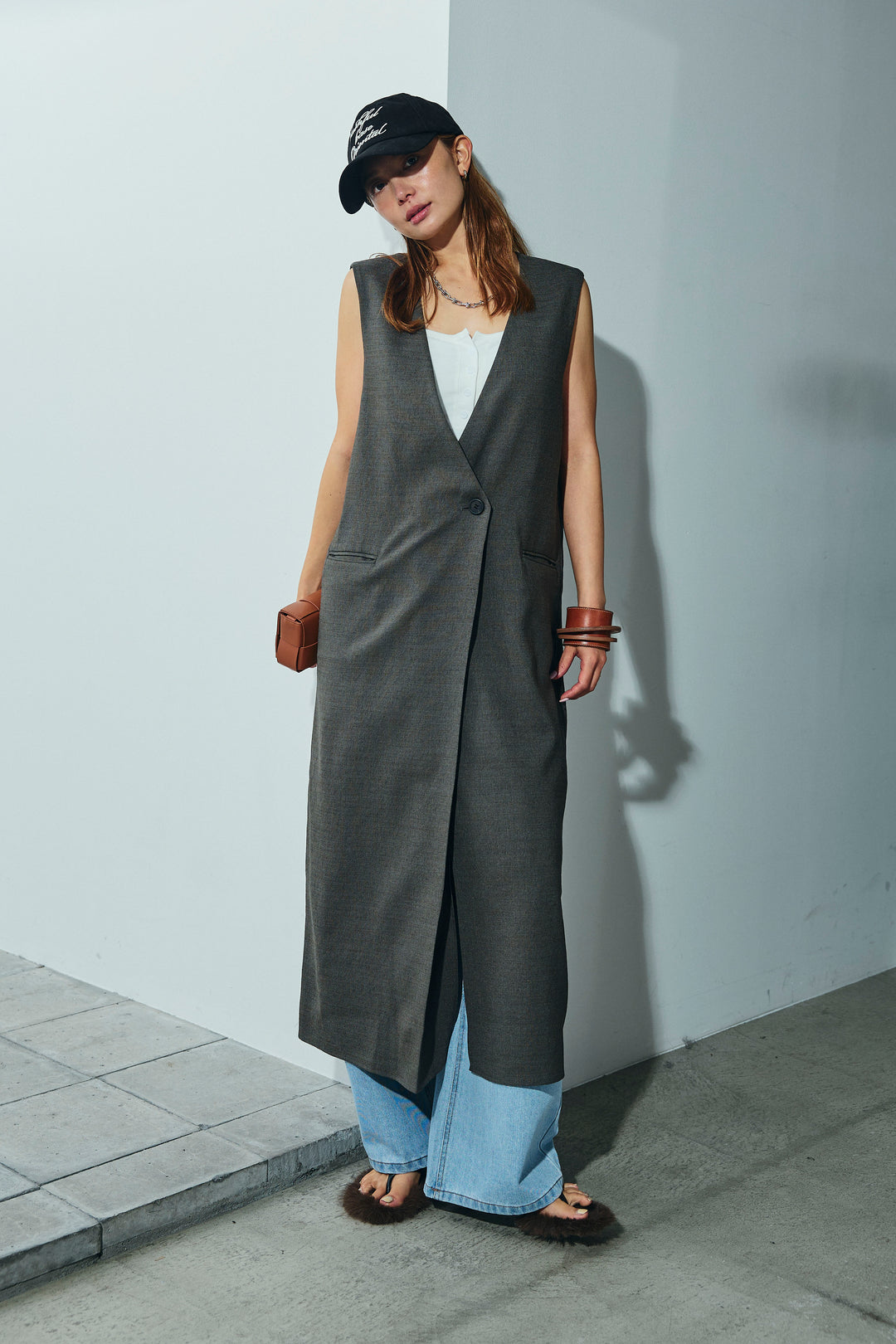 [予約/SET]リネンタッチVネックロングOP+デニムルーズポケットパンツ(2set)