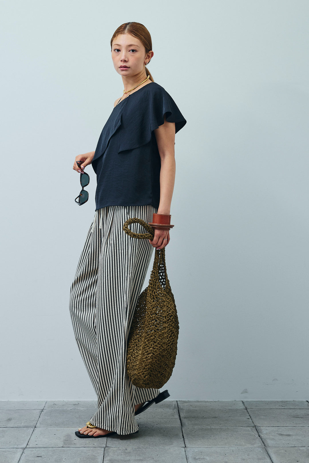 [予約/SET]アシメブラウス+ストライプ柄イージーパンツ(2set)