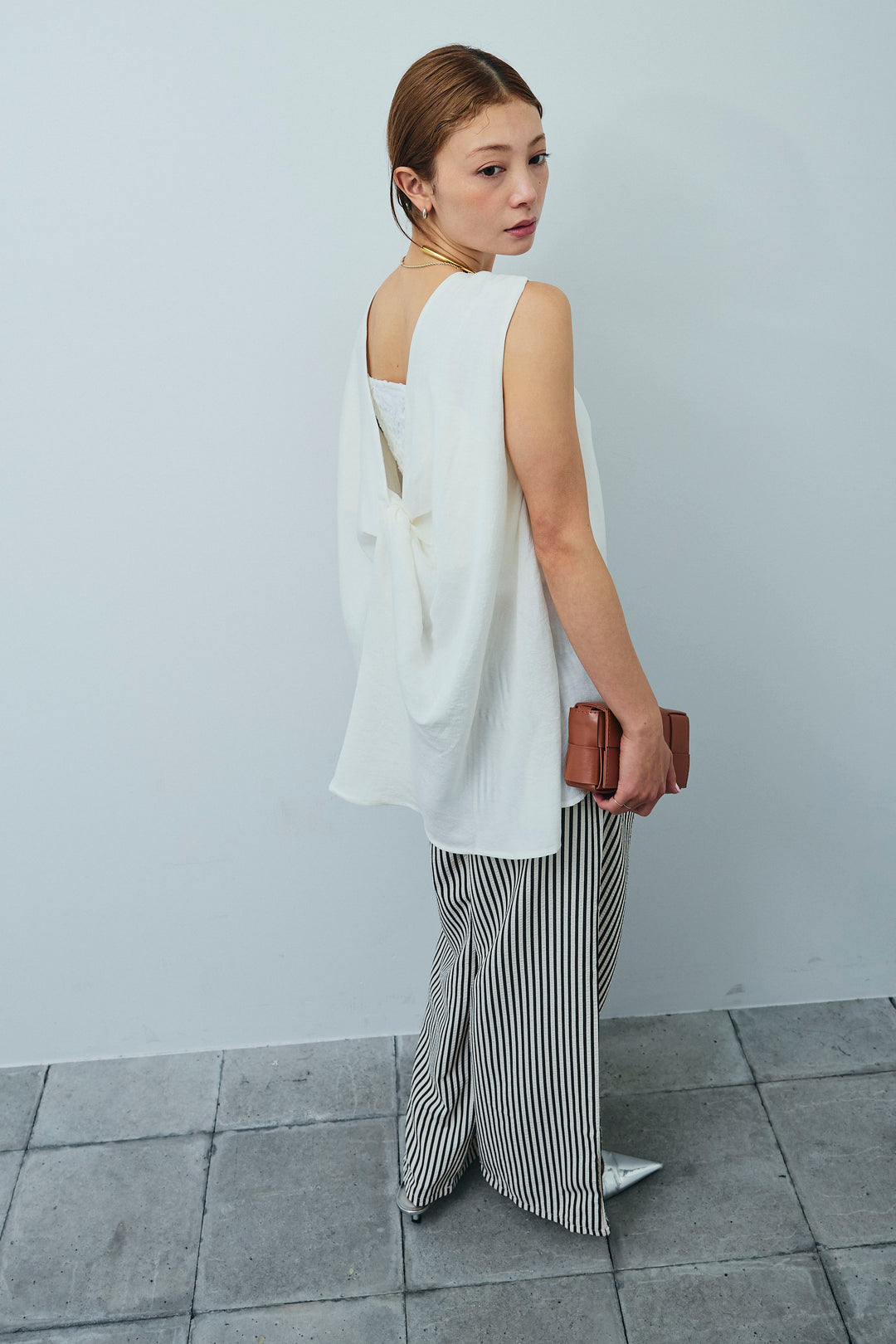 [予約/SET]シアーバックツイストノースリトップス+ストライプ柄イージーパンツ(2set)