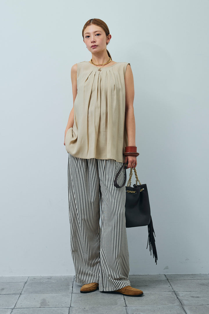 [予約/SET]シアーバックツイストノースリトップス+コード刺繍ベロアキャミ+ストライプ柄イージーパンツ(3set)