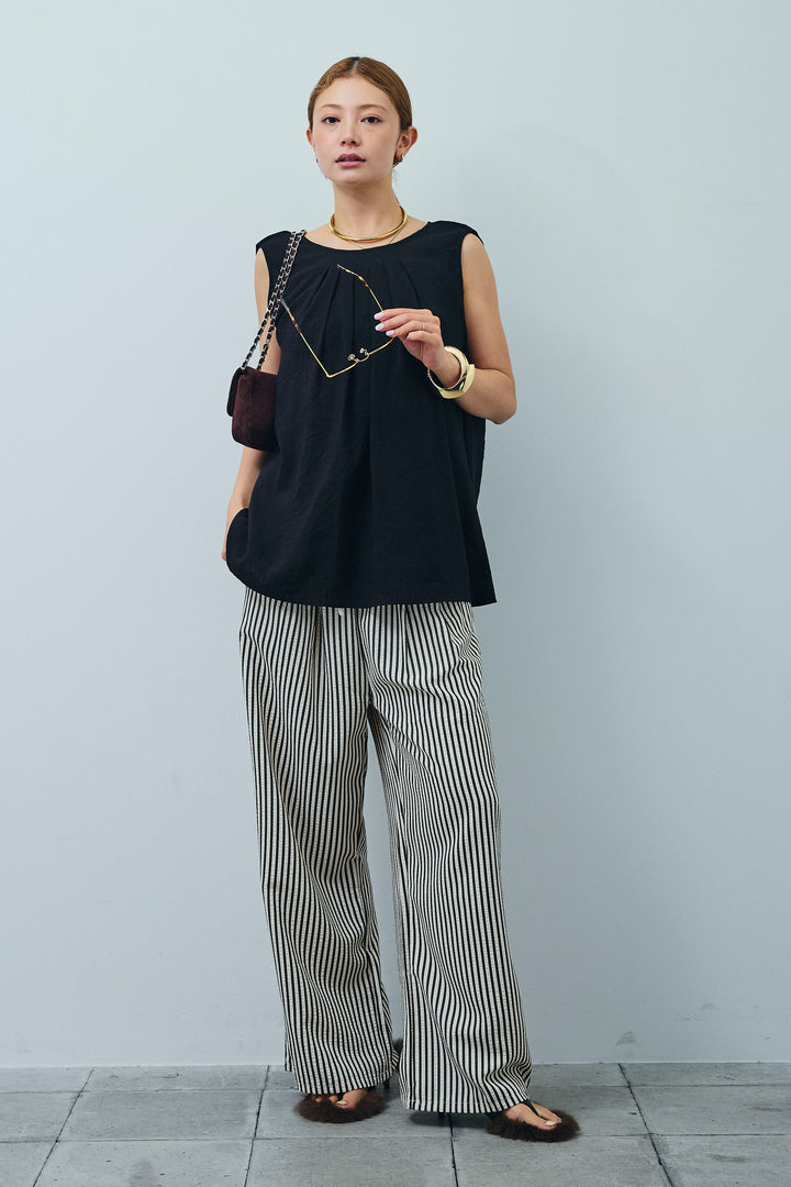 [予約/SET]シアーバックツイストノースリトップス+コード刺繍ベロアキャミ+ストライプ柄イージーパンツ(3set)
