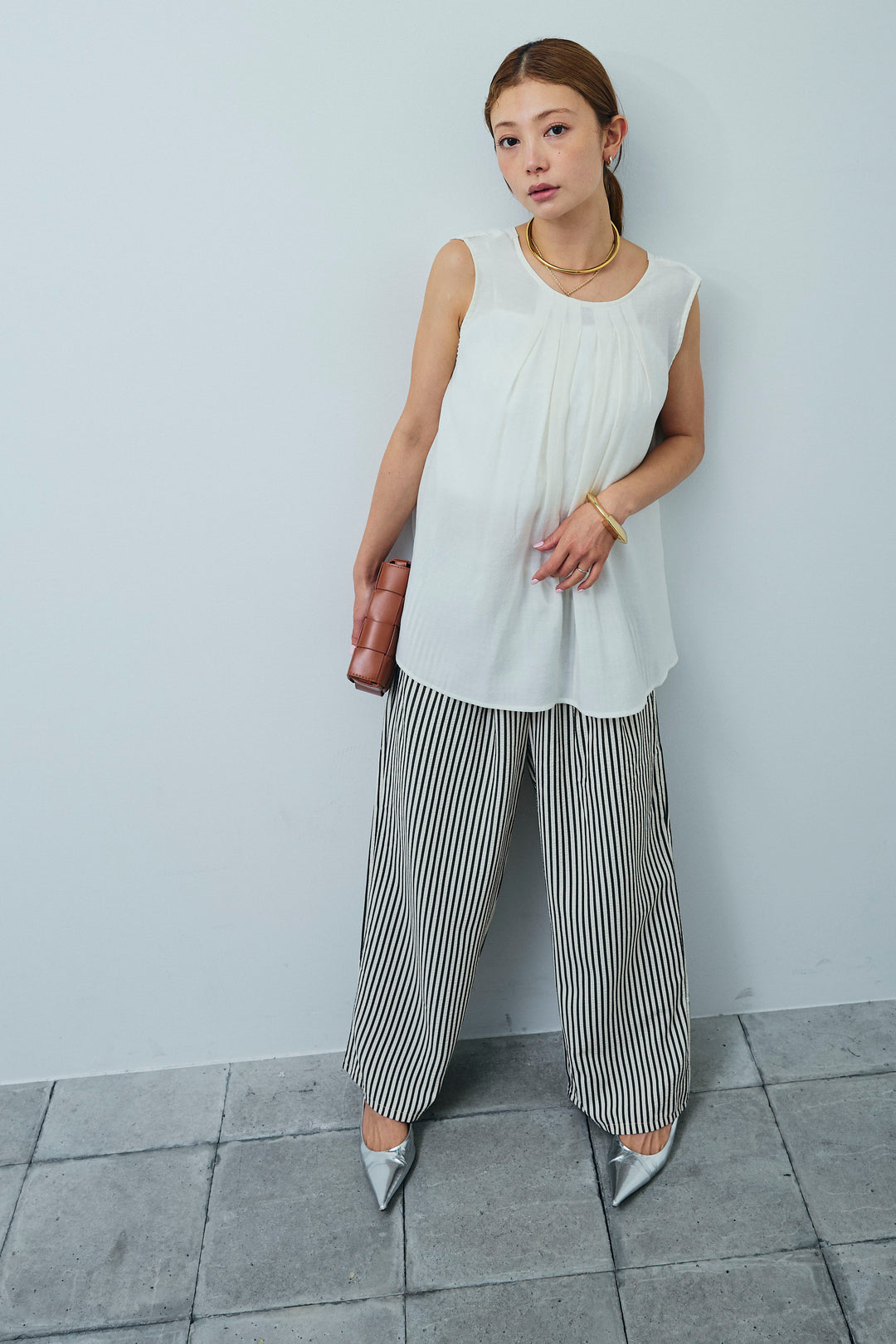 [予約/SET]シアーバックツイストノースリトップス+コード刺繍ベロアキャミ+ストライプ柄イージーパンツ(3set)