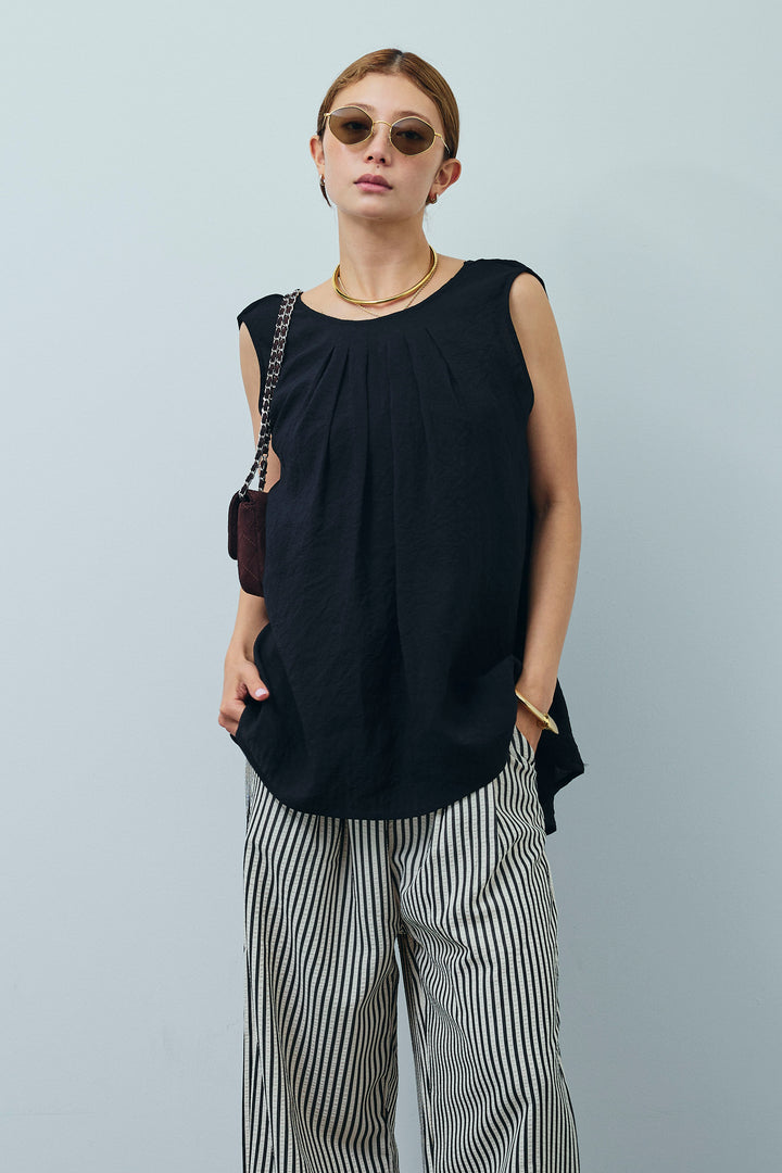 [予約/SET]シアーバックツイストノースリトップス+コード刺繍ベロアキャミ+ストライプ柄イージーパンツ(3set)