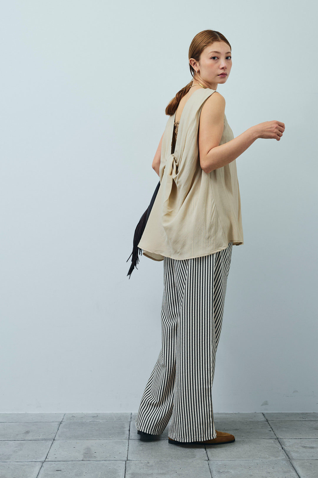 [予約/SET]シアーバックツイストノースリトップス+ストライプ柄イージーパンツ(2set)