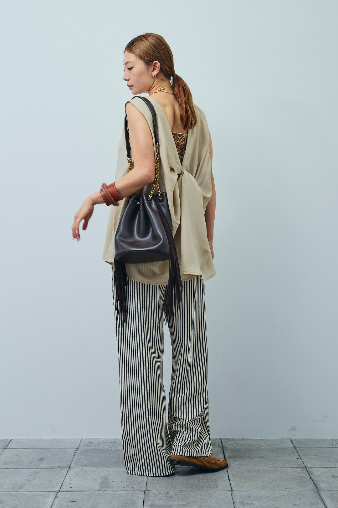 [予約/SET]シアーバックツイストノースリトップス+ストライプ柄イージーパンツ(2set)