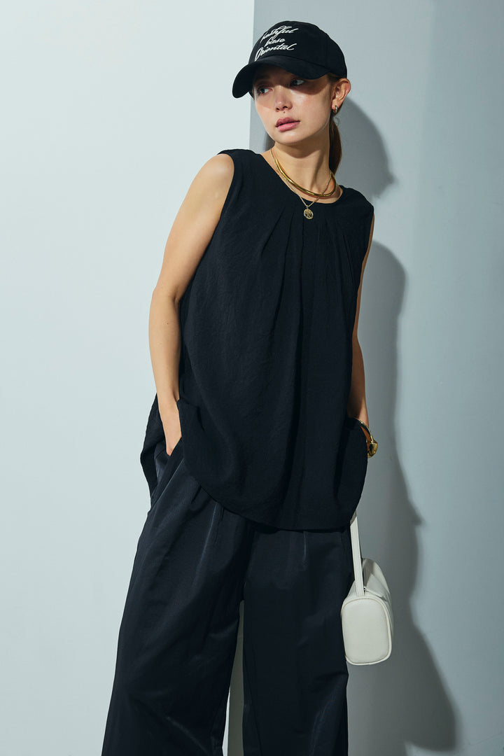 [予約/SET]シアーバックツイストノースリトップス+コード刺繍ベロアキャミ+裾ドロストナイロンパンツ(3set)