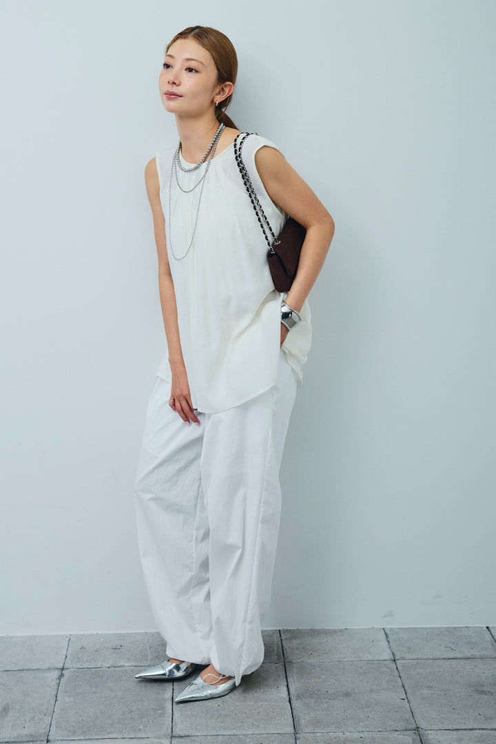 [予約/SET]シアーバックツイストノースリトップス+コード刺繍ベロアキャミ+裾ドロストナイロンパンツ(3set)