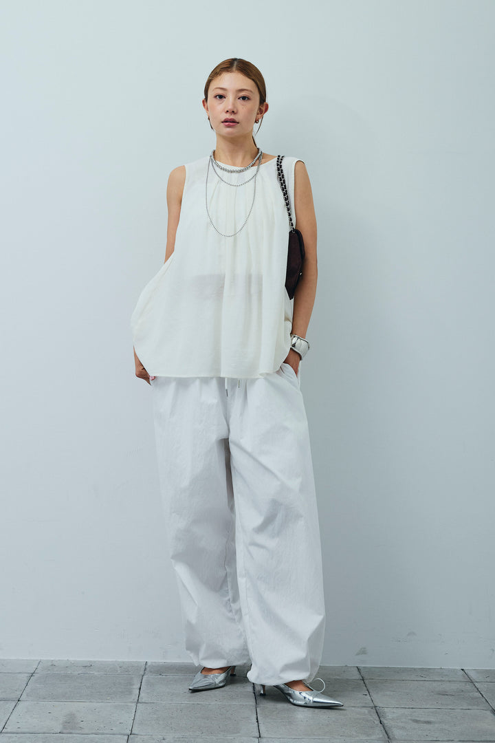 [予約/SET]シアーバックツイストノースリトップス+コード刺繍ベロアキャミ+裾ドロストナイロンパンツ(3set)