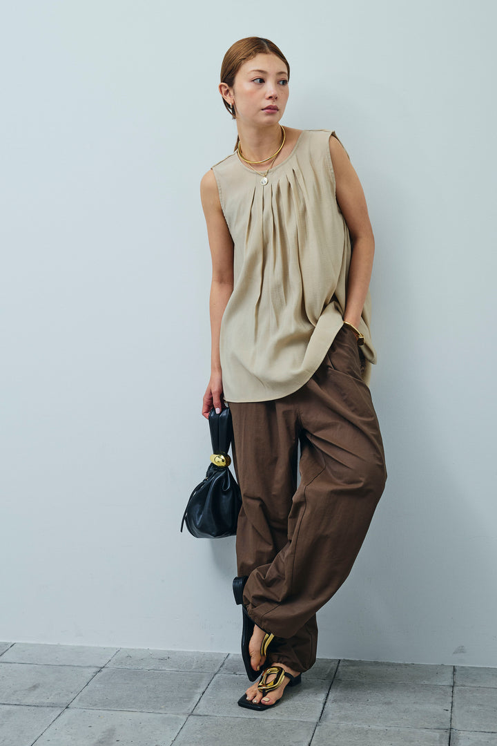 [予約/SET]シアーバックツイストノースリトップス+コード刺繍ベロアキャミ+裾ドロストナイロンパンツ(3set)