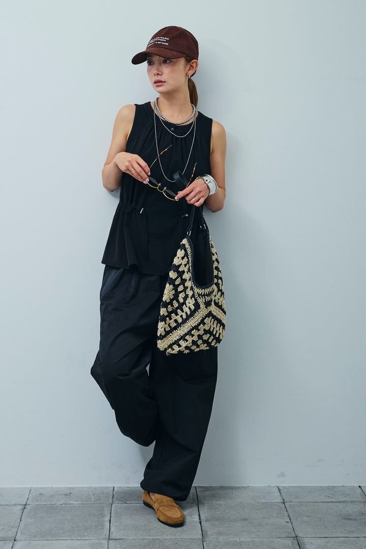 [予約/SET]ドロストギャザーキャミ+セルフカットリブヘンリーネックノースリーブトップス+裾ドロストナイロンパンツ(3set)