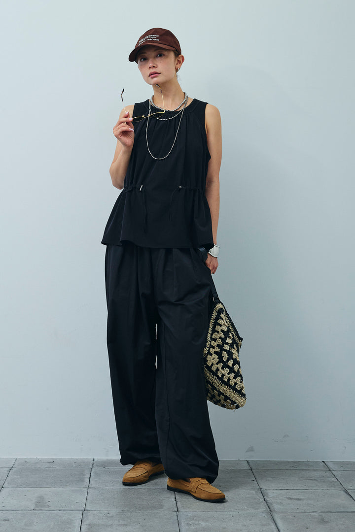 [予約/SET]ドロストギャザーキャミ+セルフカットリブヘンリーネックノースリーブトップス+裾ドロストナイロンパンツ(3set)