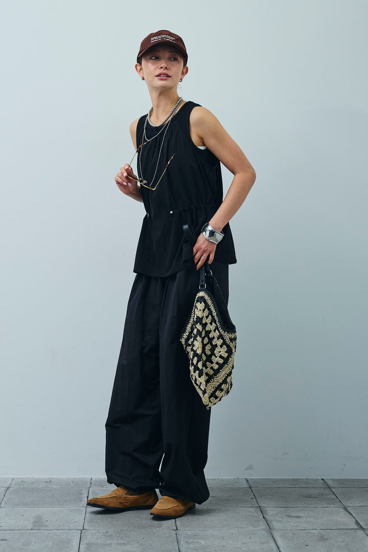 [予約/SET]ドロストギャザーキャミ+セルフカットリブヘンリーネックノースリーブトップス+裾ドロストナイロンパンツ(3set)