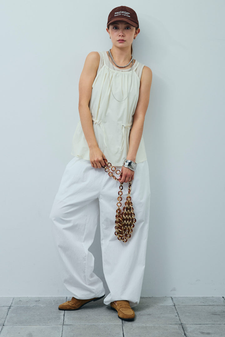 [予約/SET]ドロストギャザーキャミ+セルフカットリブヘンリーネックノースリーブトップス+裾ドロストナイロンパンツ(3set)