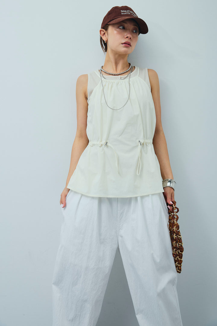 [予約/SET]ドロストギャザーキャミ+セルフカットリブヘンリーネックノースリーブトップス+裾ドロストナイロンパンツ(3set)