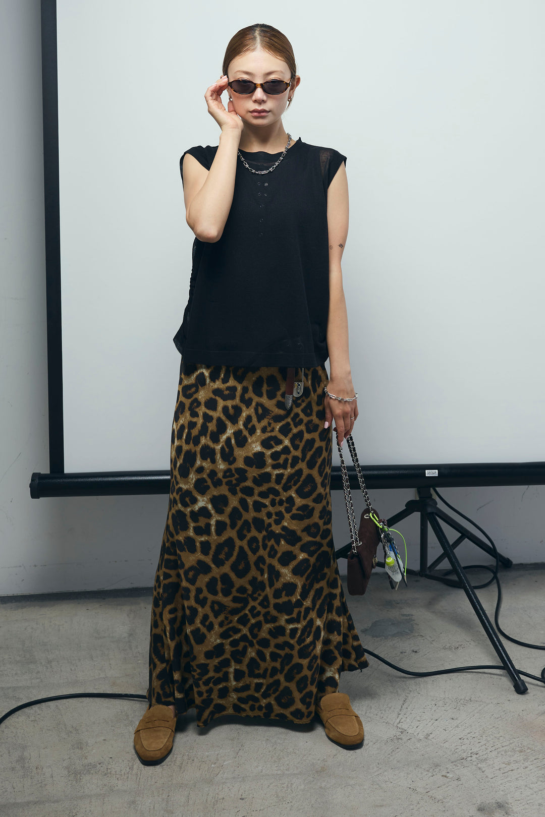 [予約/SET]リネン混ギャザーシアーニット+レオパードナロースカート(2set)