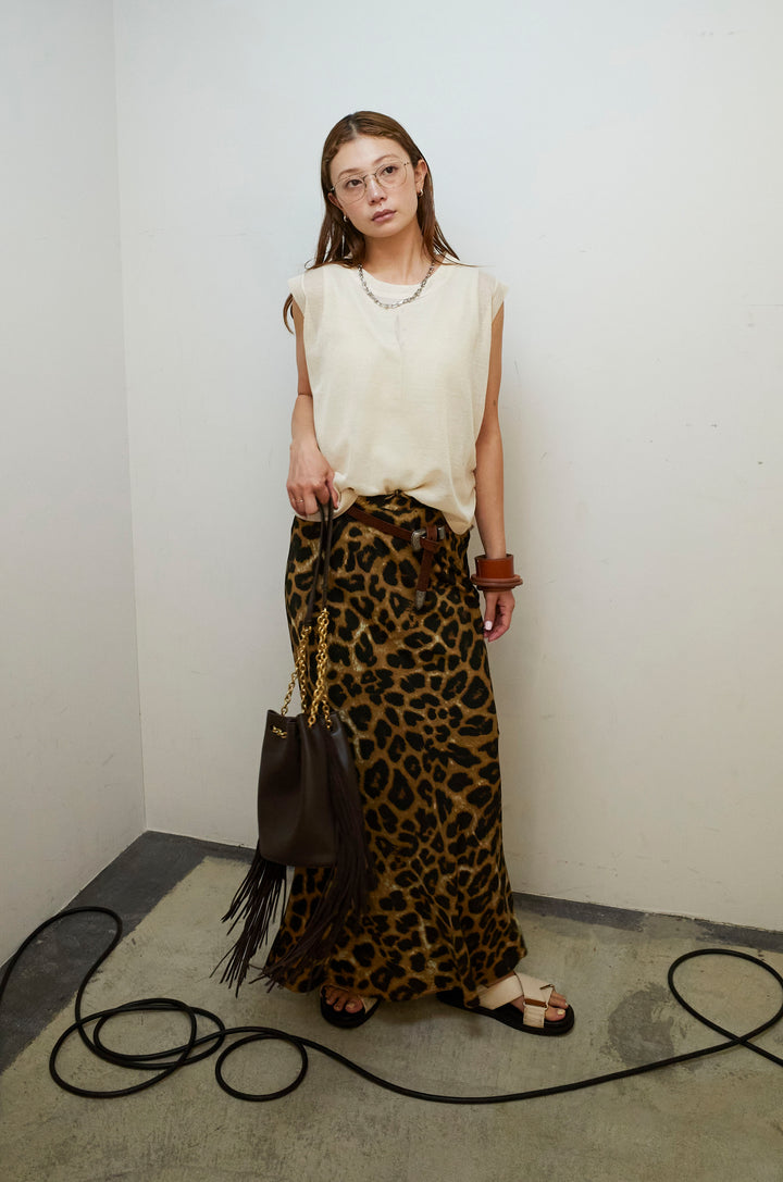 [予約/SET]リネン混ギャザーシアーニット+セルフカットリブヘンリーネックノースリーブトップス+レオパードナロースカート(3set)