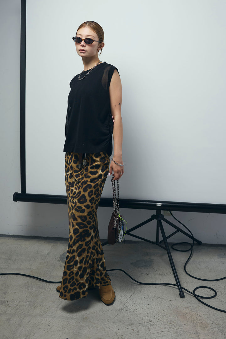 [予約/SET]リネン混ギャザーシアーニット+レオパードナロースカート(2set)